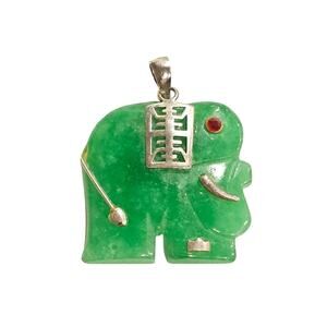 🐘 Sterling Silver Dyed Jade Elephant Pendant - Lucky Trunk Up